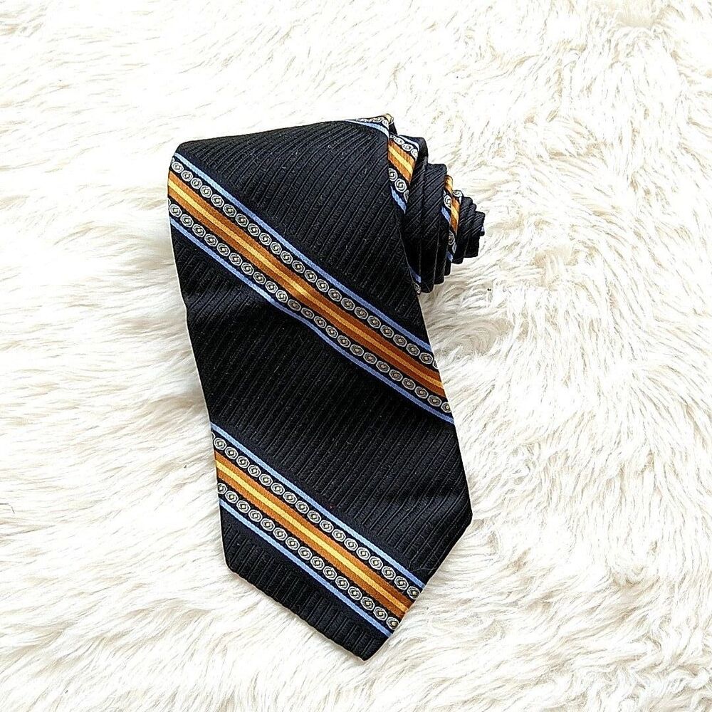 Robert Talbott Mens Neck Tie Black Yellow Striped Silk Cotton Blend